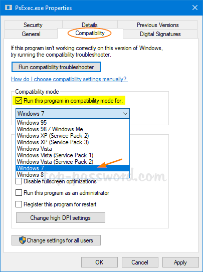 Check the box next to Run this program in compatibility mode for:
Select the appropriate Windows version from the drop-down menu.