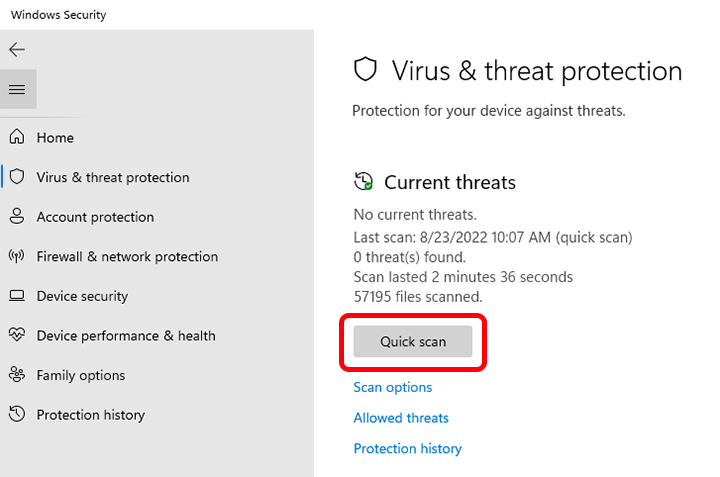 Click on Virus & threat protection.
Click on Quick scan to scan your system for malware.