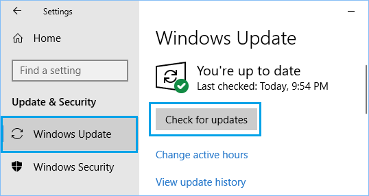 Click on Windows Update.
Click on Check for updates.