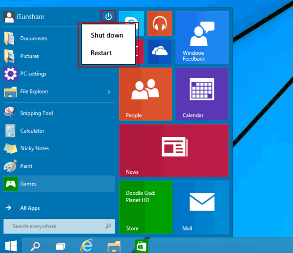 Close any open applications and click on the Start menu.
Select the "Power" button and choose "Restart."