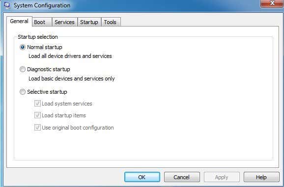 In the General tab, select the Selective startup option.
Uncheck the box next to Load startup items.