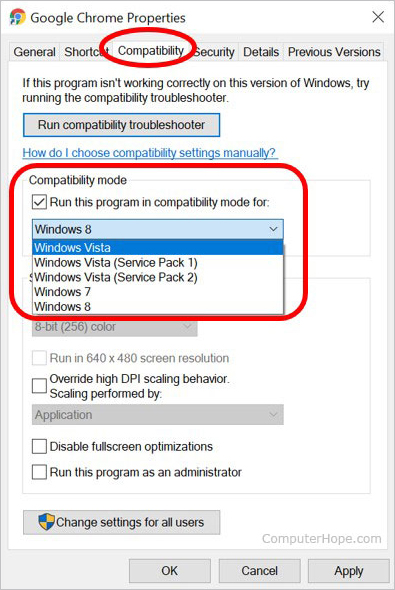 In the Properties window, go to the "Compatibility" tab
Check the box that says "Run this program in compatibility mode for:"