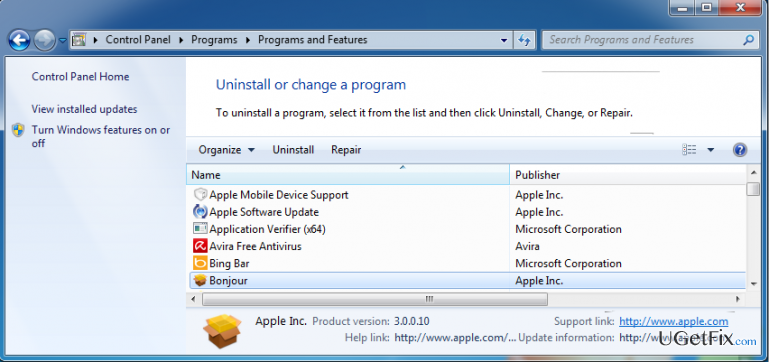 Locate Bonjour in the list of installed programs.
Click on Bonjour and select Uninstall.