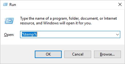 Open the Run dialog by pressing Windows key + R.
Type "%temp%" (without quotes) and press Enter to open the temporary files folder.