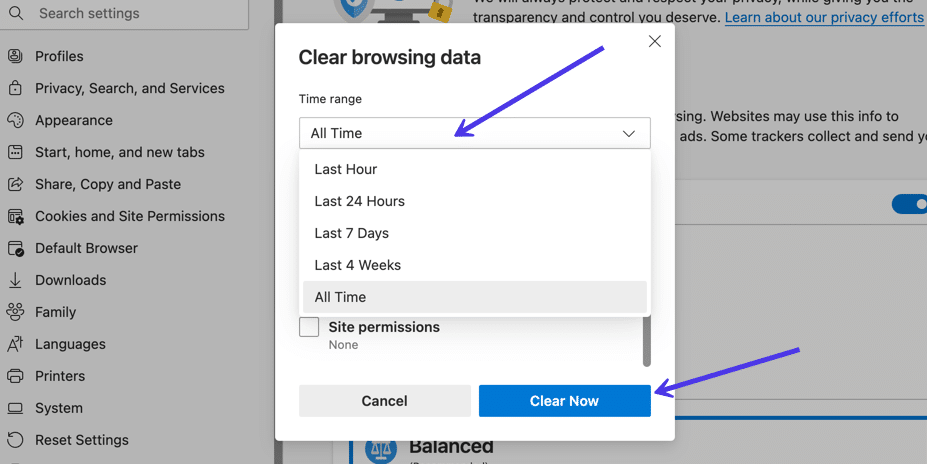 Open your web browser's settings.
Locate the option to clear your cache or browsing data.