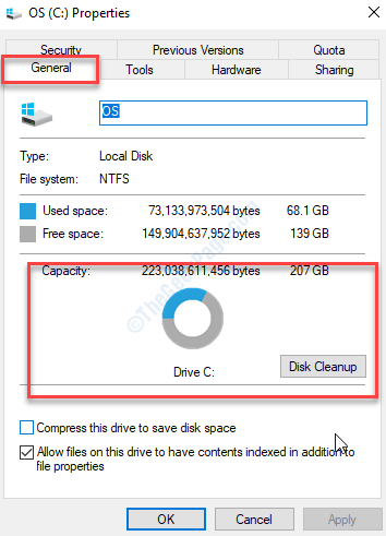 Right-click on it and choose Properties.
In the General tab, click on Disk Cleanup.