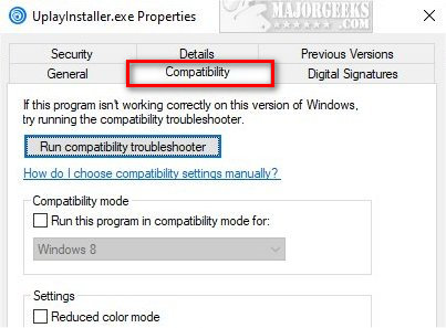 Right-click on the file and select Properties from the context menu.
In the Properties window, go to the Compatibility tab.