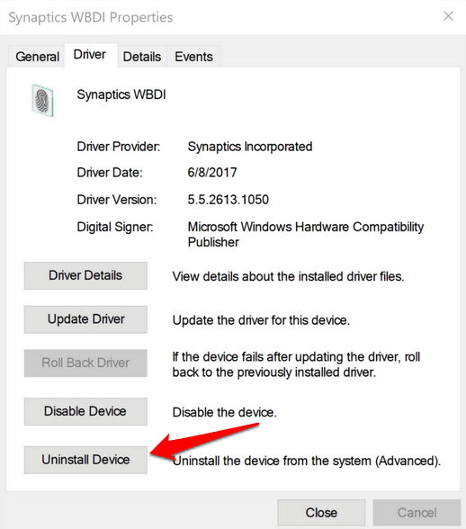 Right-click on the Fingerprint Reader and select Uninstall device.
Confirm the uninstallation by clicking Uninstall.