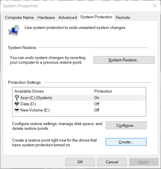Select "System Protection" from the left-hand side menu.
Click on the "System Restore" button.