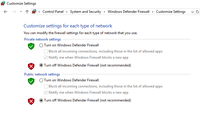 Select Turn off Windows Defender Firewall for both Private network settings and Public network settings.
Click on OK to apply the changes.